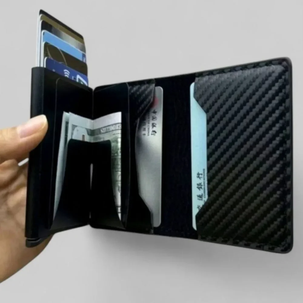 Minimalist Carbon Fibber Bifold Slim Men's Wallet Black With Pop-up Cards